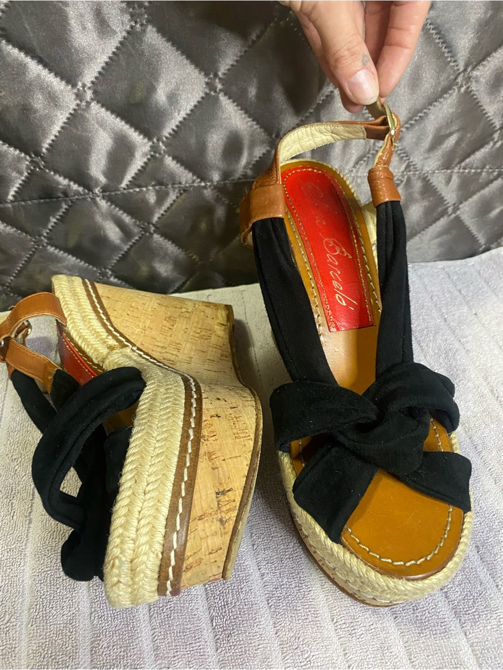 Paloma Barcelo Black Suede Cork Wedge Espadrille Sandals Platform Spain 9